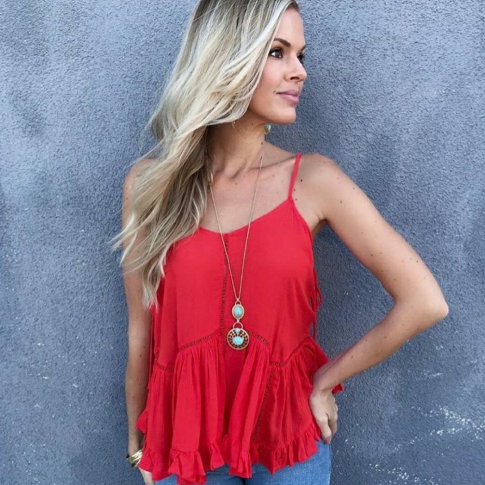 WISTERIA LANE Flowy Bright Coral Red Boho Tank Top